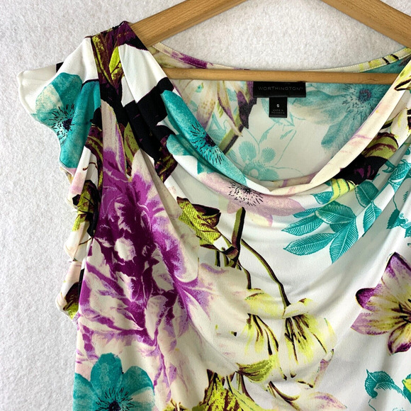 Women‎ Feminine Blouse Sz S Colorful Floral Flutter Sleeve Cowl Neck Bloomcore - Picture 3 of 11